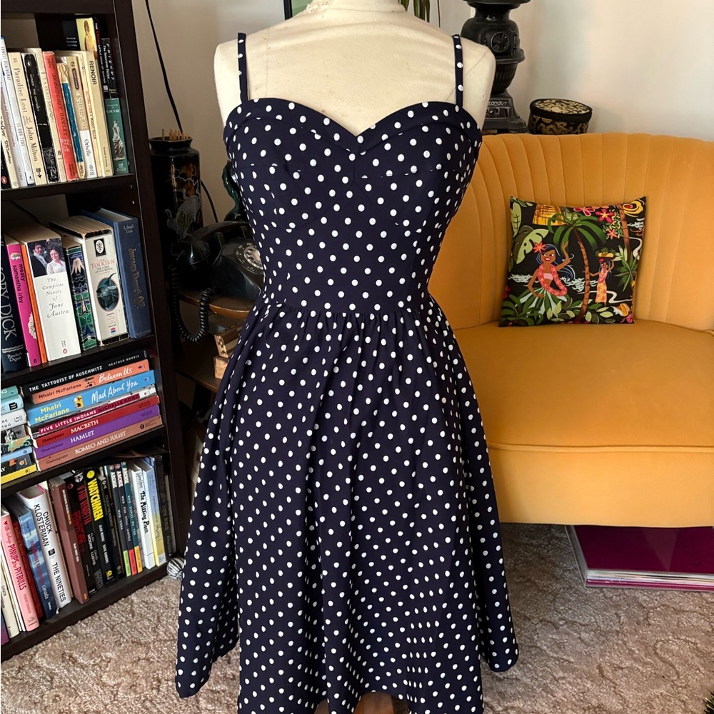 Stop Staring Navy and White Polka Dot Midi Dress